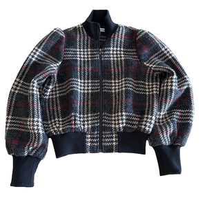 Express x Negin Mersalehi Brown Cream plaid cropped wool blend bomber jacket XS
